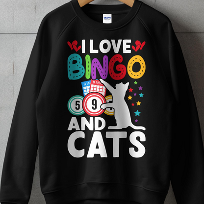 White cat with "I Love Bingo and Cats" text, featuring bingo balls.