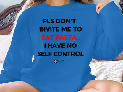 Funny Blue Sweatshirt with Pasta Eating Text