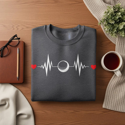 Dark gray sweatshirt with a white heartbeat line and golf ball graphic.