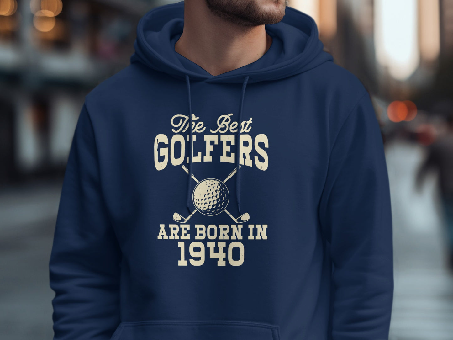 Navy hoodie with "The Best Golfers Are Born In 1940" text and golf ball.
