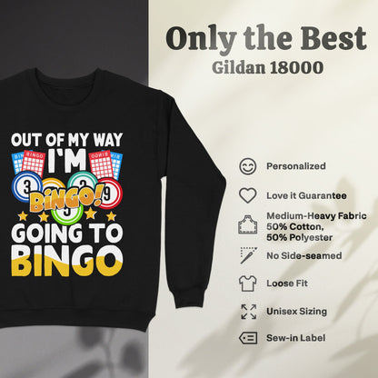 Black sweatshirt with "I'm going to Bingo" graphic and product features.