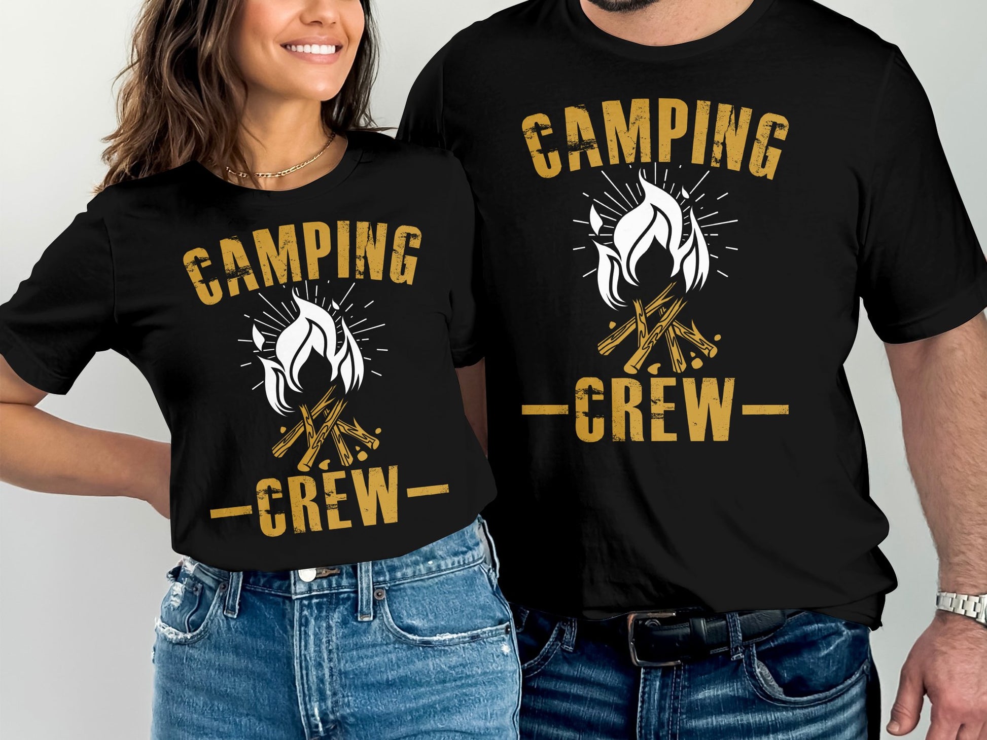 Black t-shirts with "Camping Crew" text and campfire graphic.
