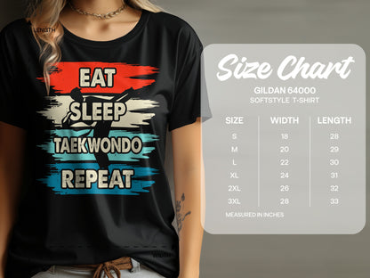 Black t-shirt with "Eat Sleep Taekwondo Repeat" graphic and size chart.