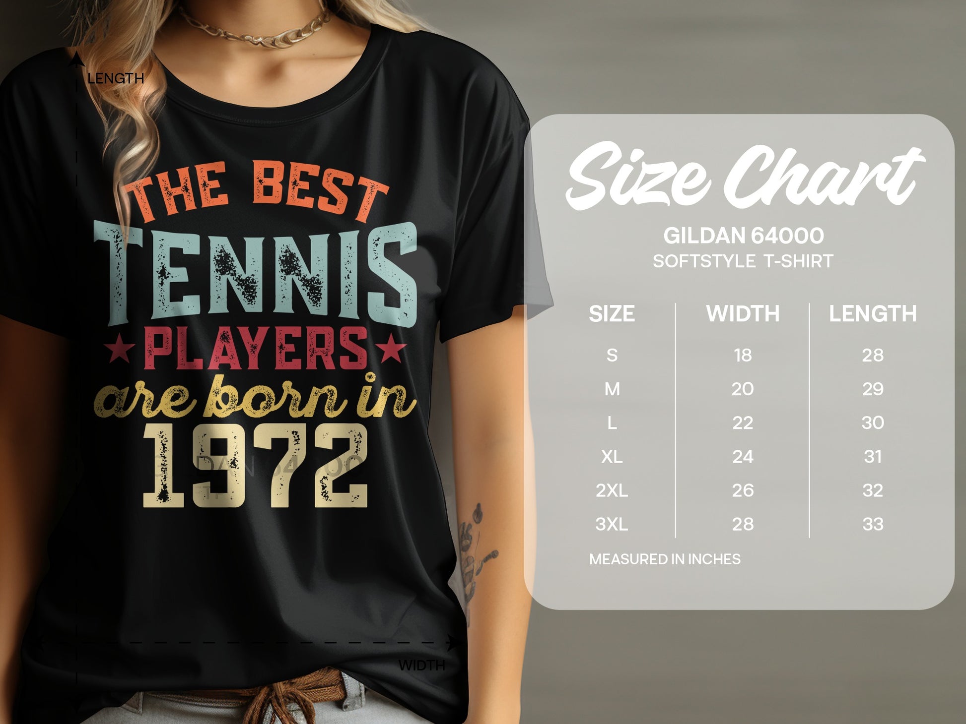 Black t-shirt with "The best tennis players are born in 1972" text.
