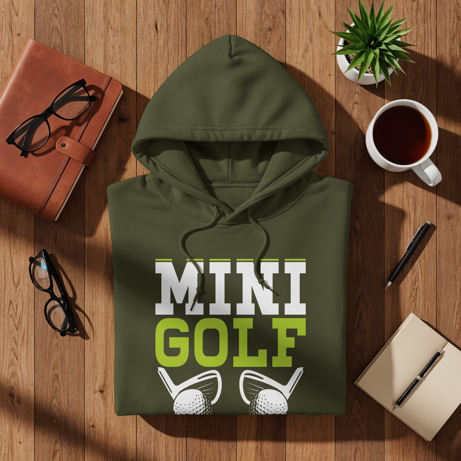 Olive green hoodie with "MINI GOLF" and golf club graphic.
