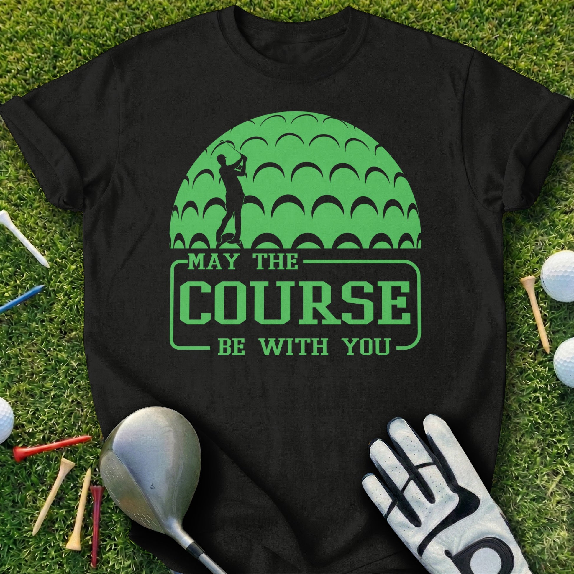 Black t-shirt with a golf-themed graphic and text.