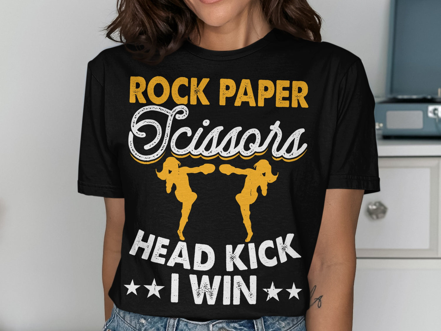 T-shirt with "Rock Paper Scissors Head Kick I Win" and two figures playing.