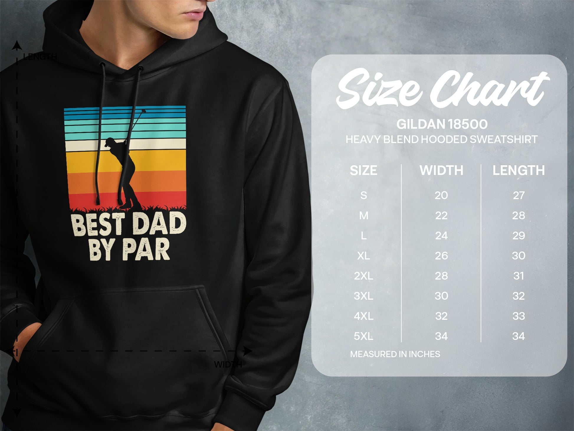 Hoodie with "Best Dad By Par" graphic and a size chart.
