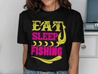Black t-shirt with yellow and pink "Eat Sleep Fishing" text and fishing hook graphic.