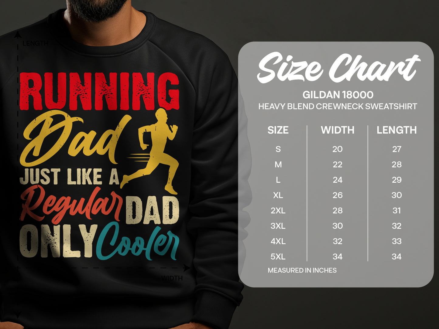 Running Dad Just Like A Regular Dad Only Cooler graphic on sweatshirt with size chart.