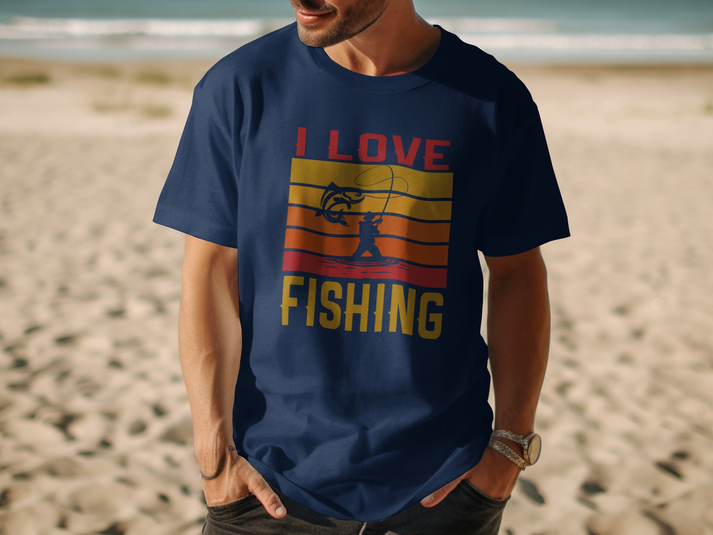 Navy t-shirt with "I Love Fishing" text and a sunset fishing graphic.