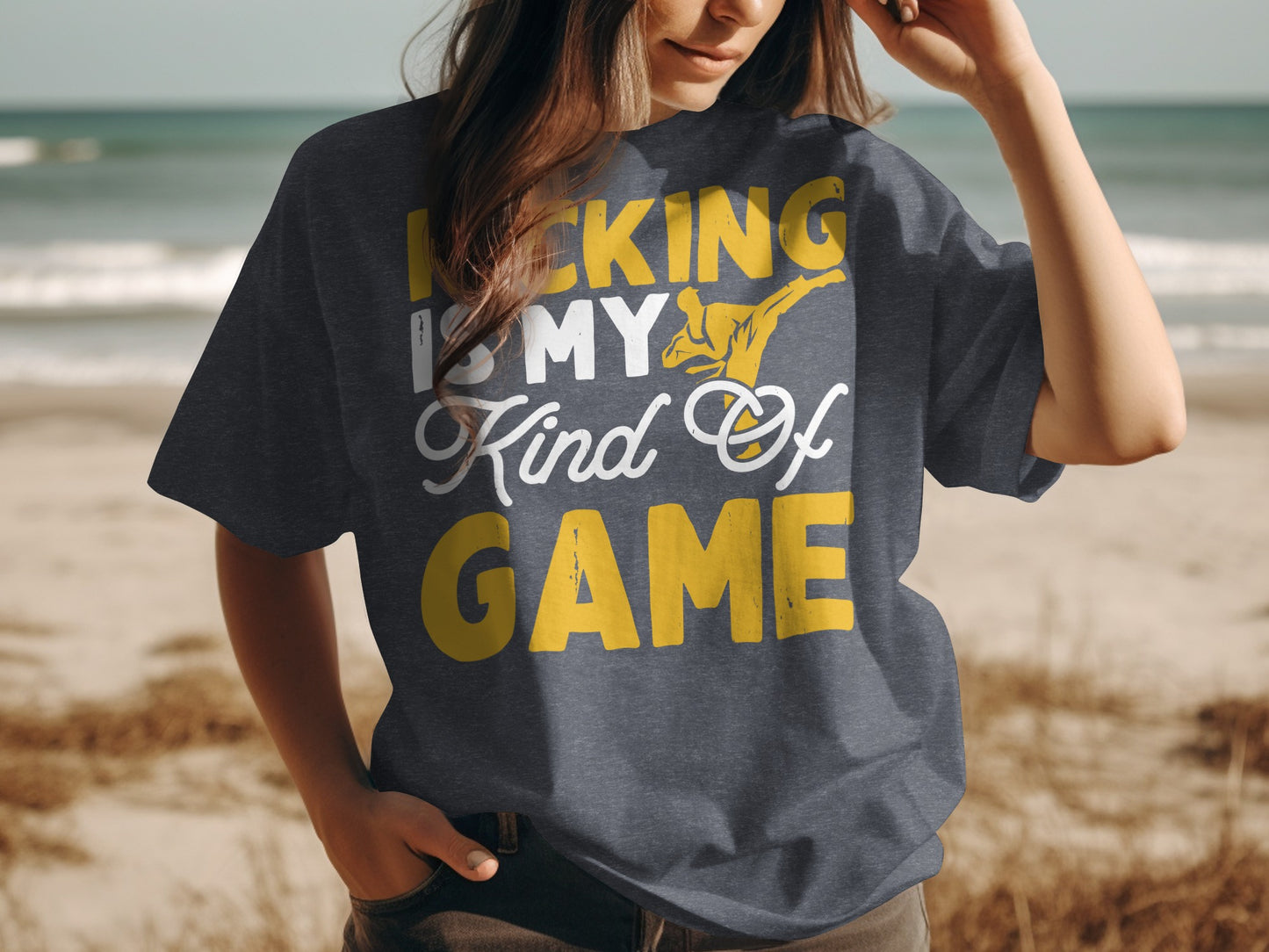 Dark t-shirt with yellow text "KICKING IS MY Kind Of GAME".