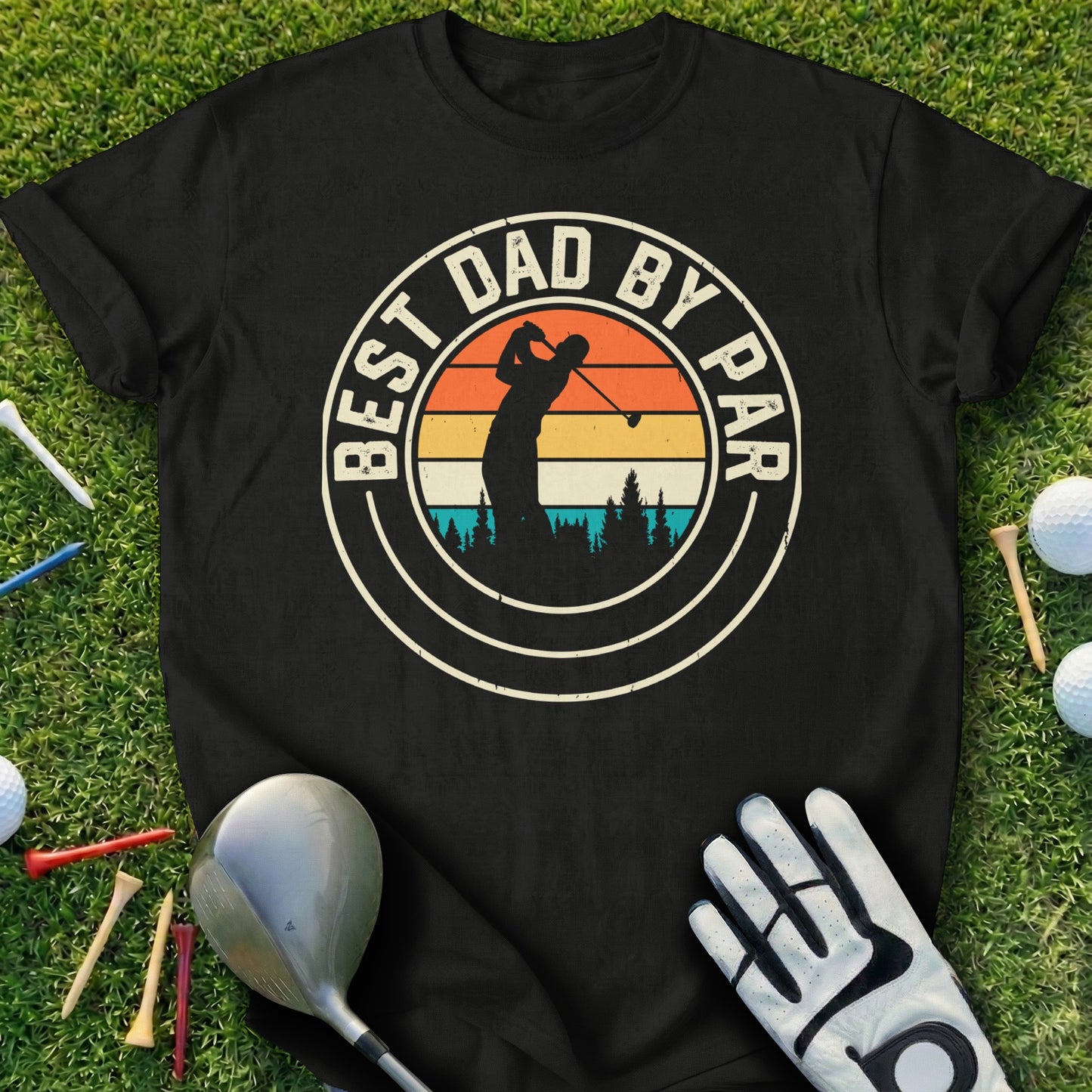 Black t-shirt with "Best Dad by Par" text and a golfer silhouette.