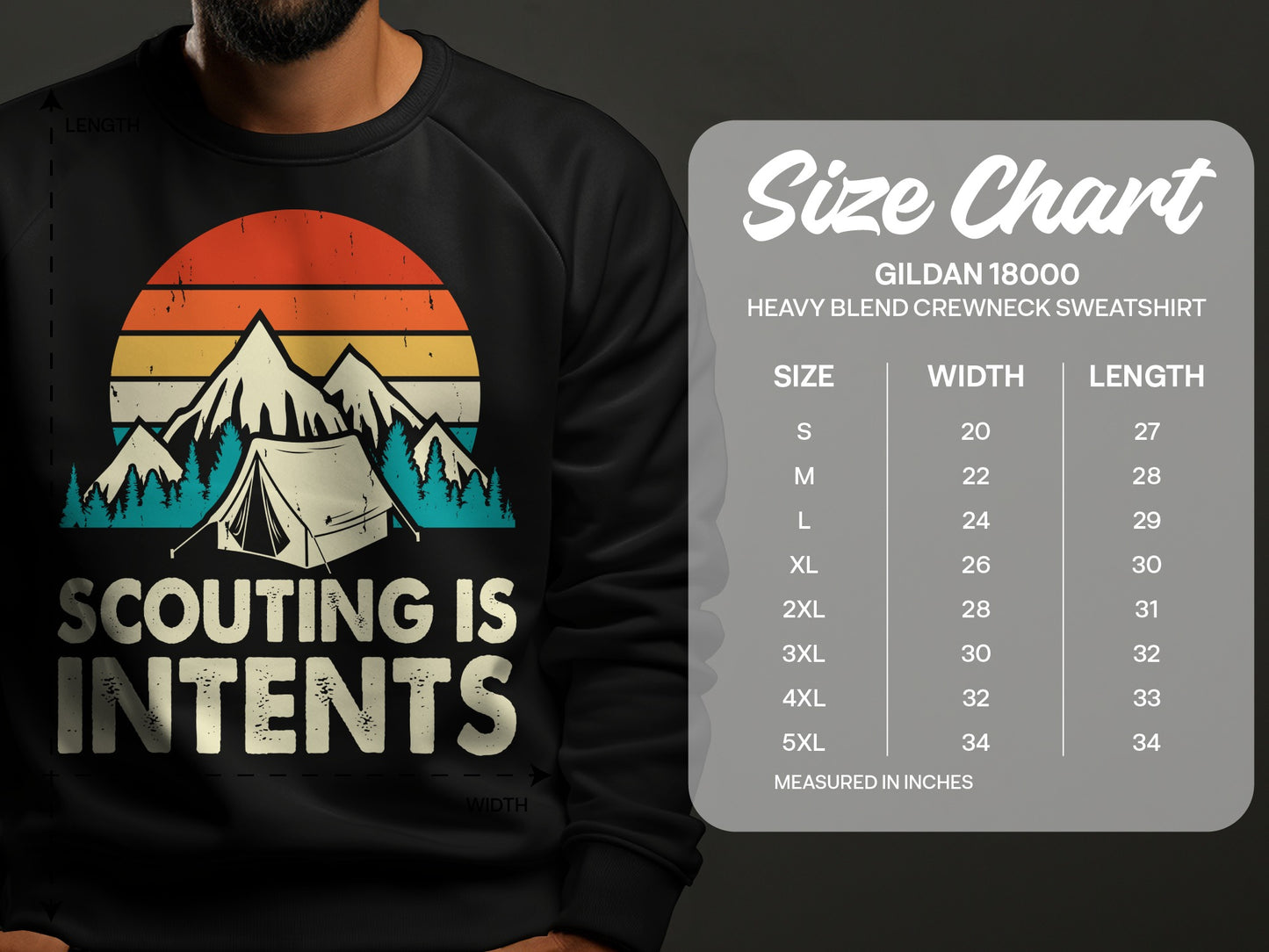 Crewneck sweatshirt featuring a camping graphic and size chart.