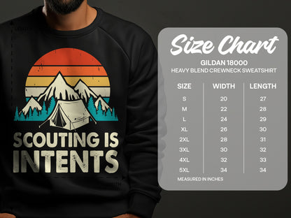 Crewneck sweatshirt featuring a camping graphic and size chart.