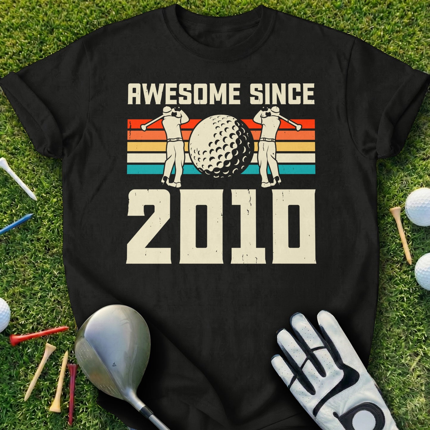 Black t-shirt with "Awesome Since 2010" text and vintage golf graphics.
