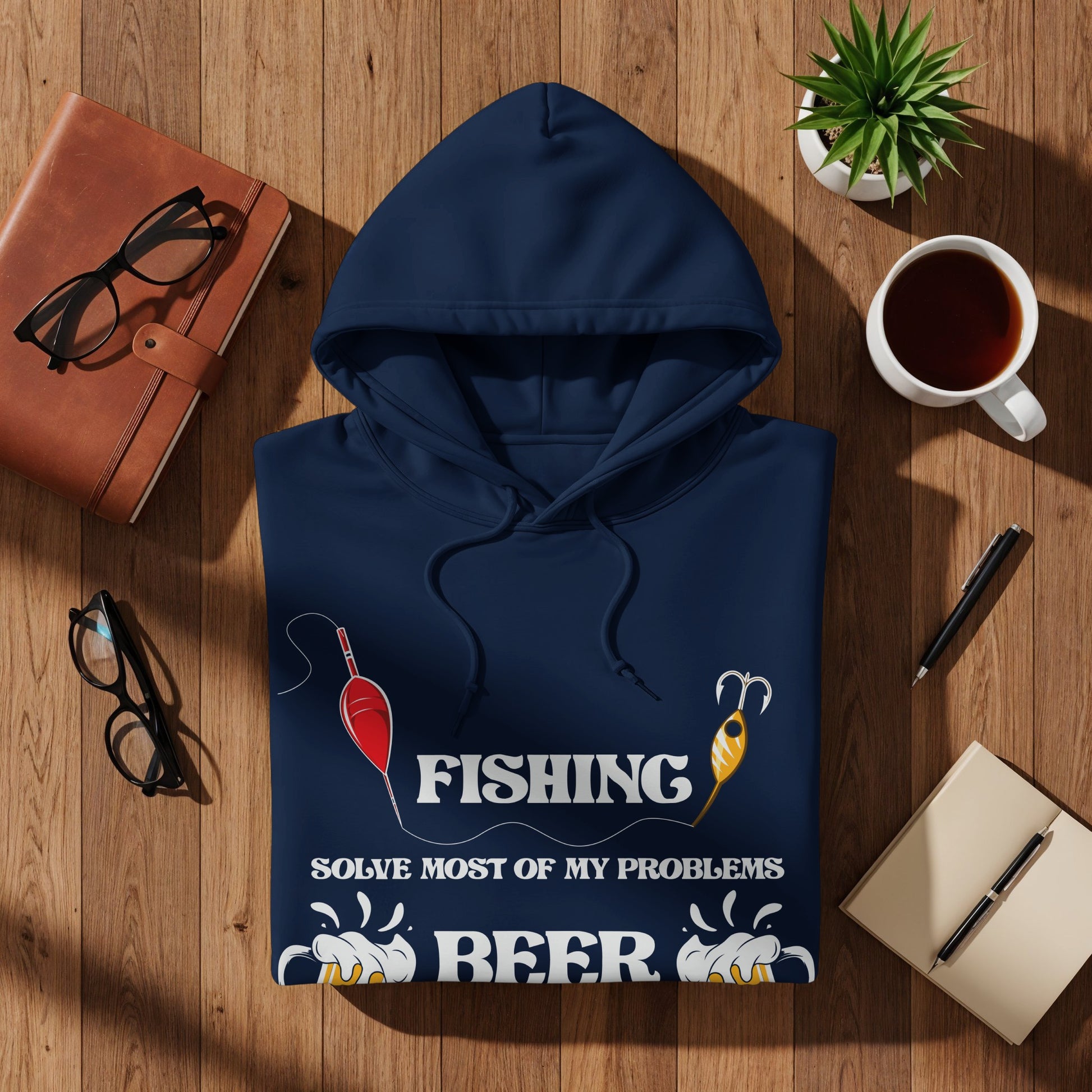 Navy hoodie with "FISHING SOLVE MOST OF MY PROBLEMS BEER" text and fishing lures.