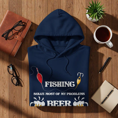 Navy hoodie with "FISHING SOLVE MOST OF MY PROBLEMS BEER" text and fishing lures.
