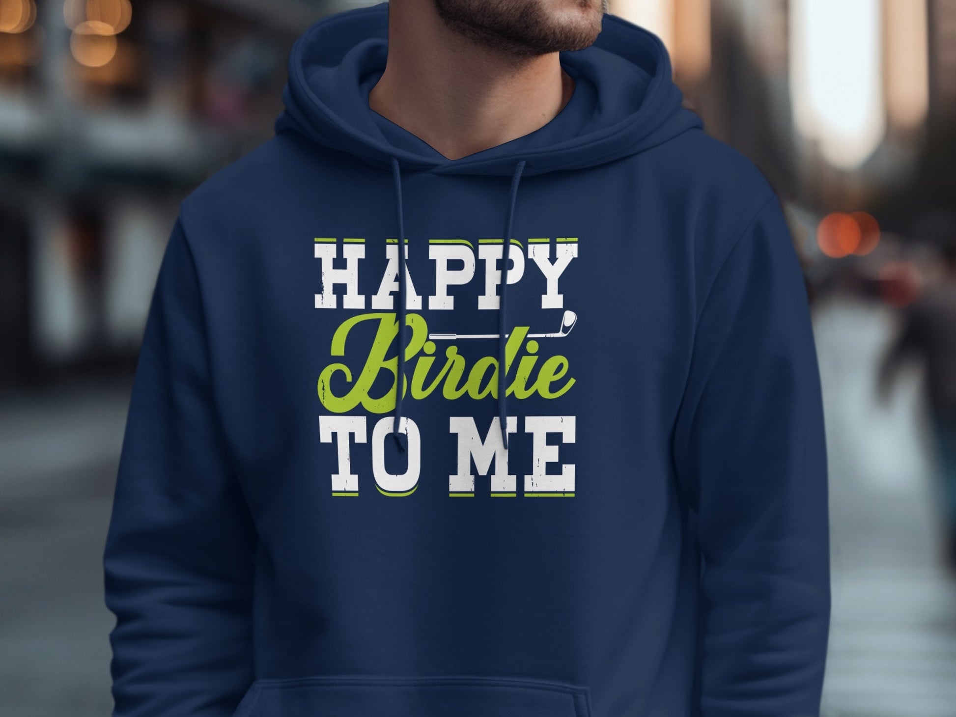 Navy hoodie with "Happy Birdie to Me" text and a golf club.
