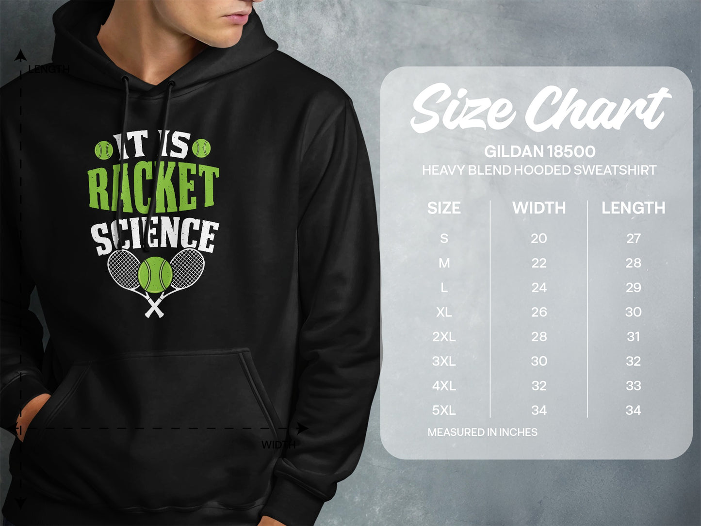 Hoodie with "It is Racket Science" graphic and size chart.