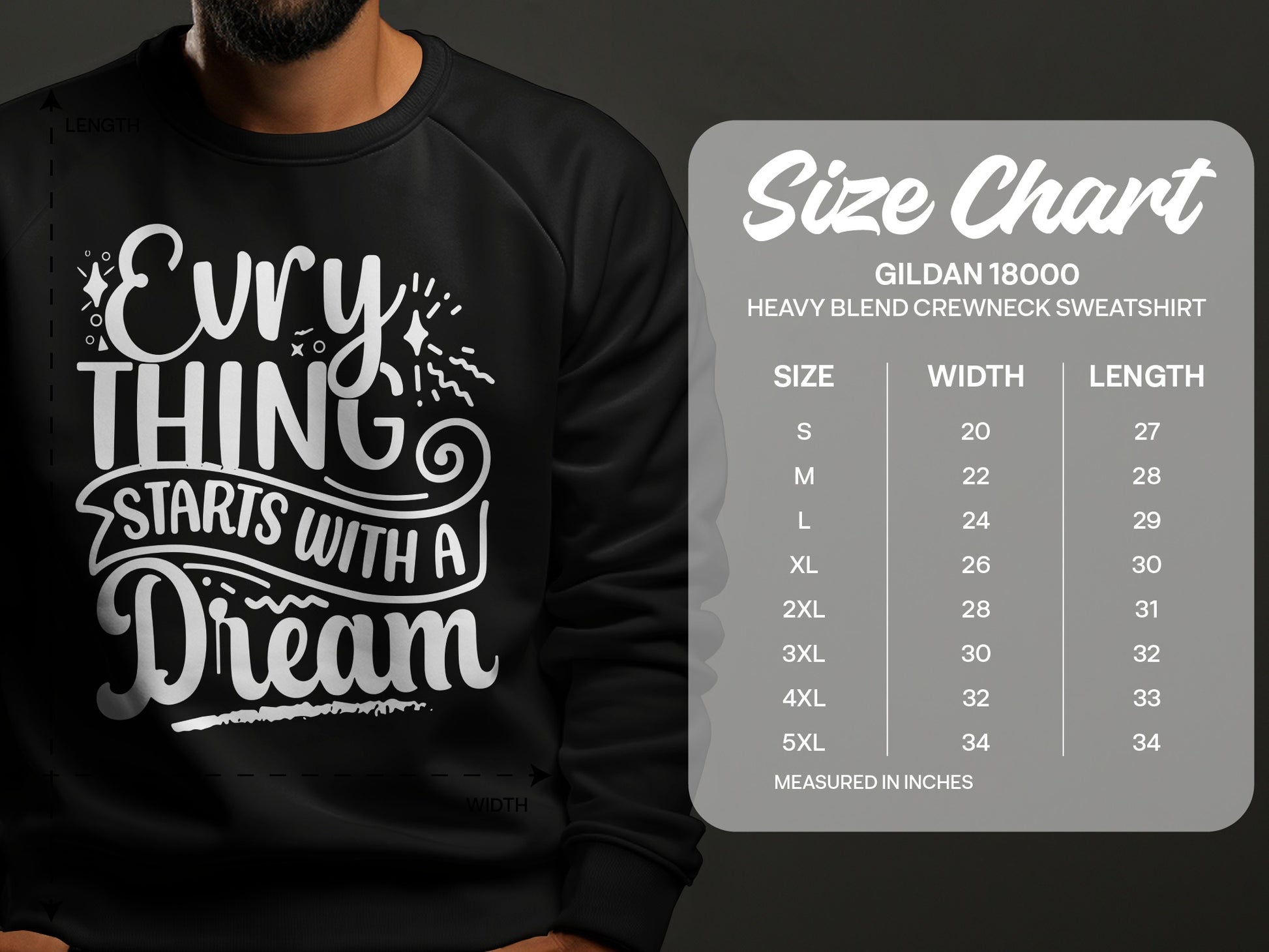 Gildan 18000 sweatshirt size chart with measurements in inches.
