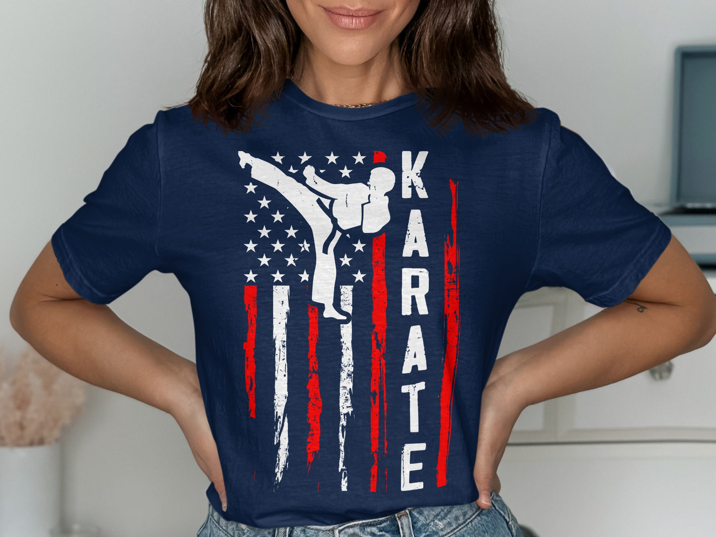 Navy t-shirt with a silhouette of a karate kick over a distressed American flag.