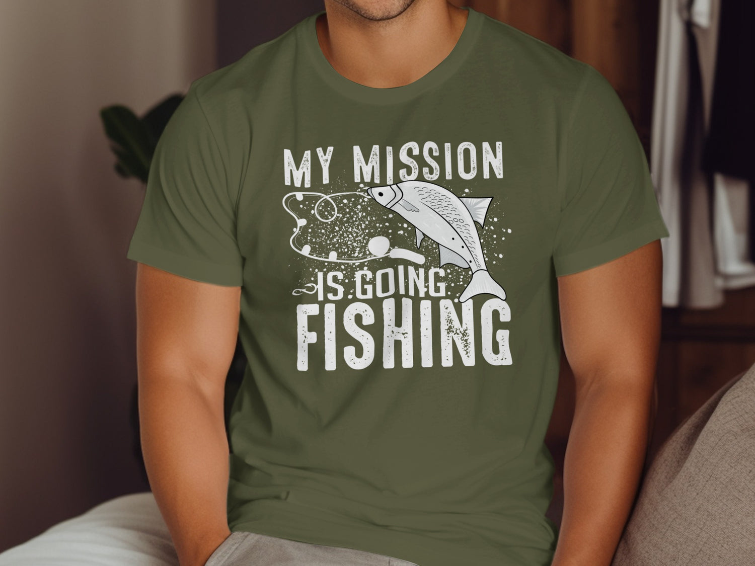Green t-shirt with "MY MISSION IS GOING FISHING" and fish graphic.