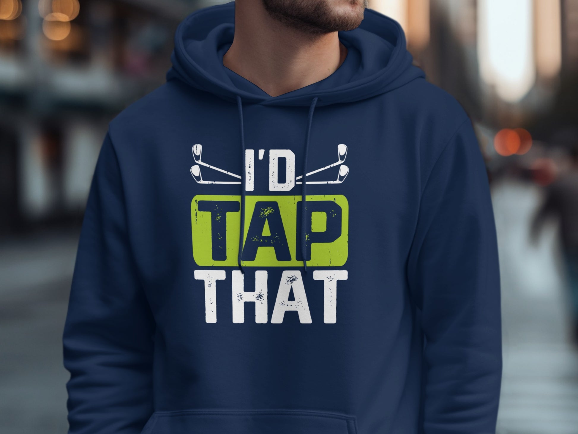 Navy hoodie with "I'D TAP THAT" and golf club graphic.