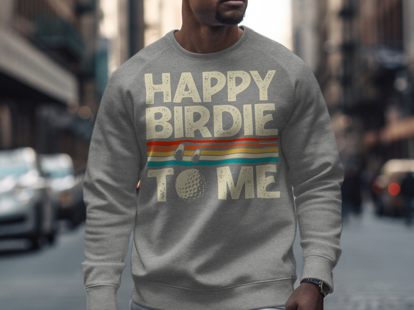 Gray sweatshirt with "Happy Birdie to Me" text and golf ball graphic.