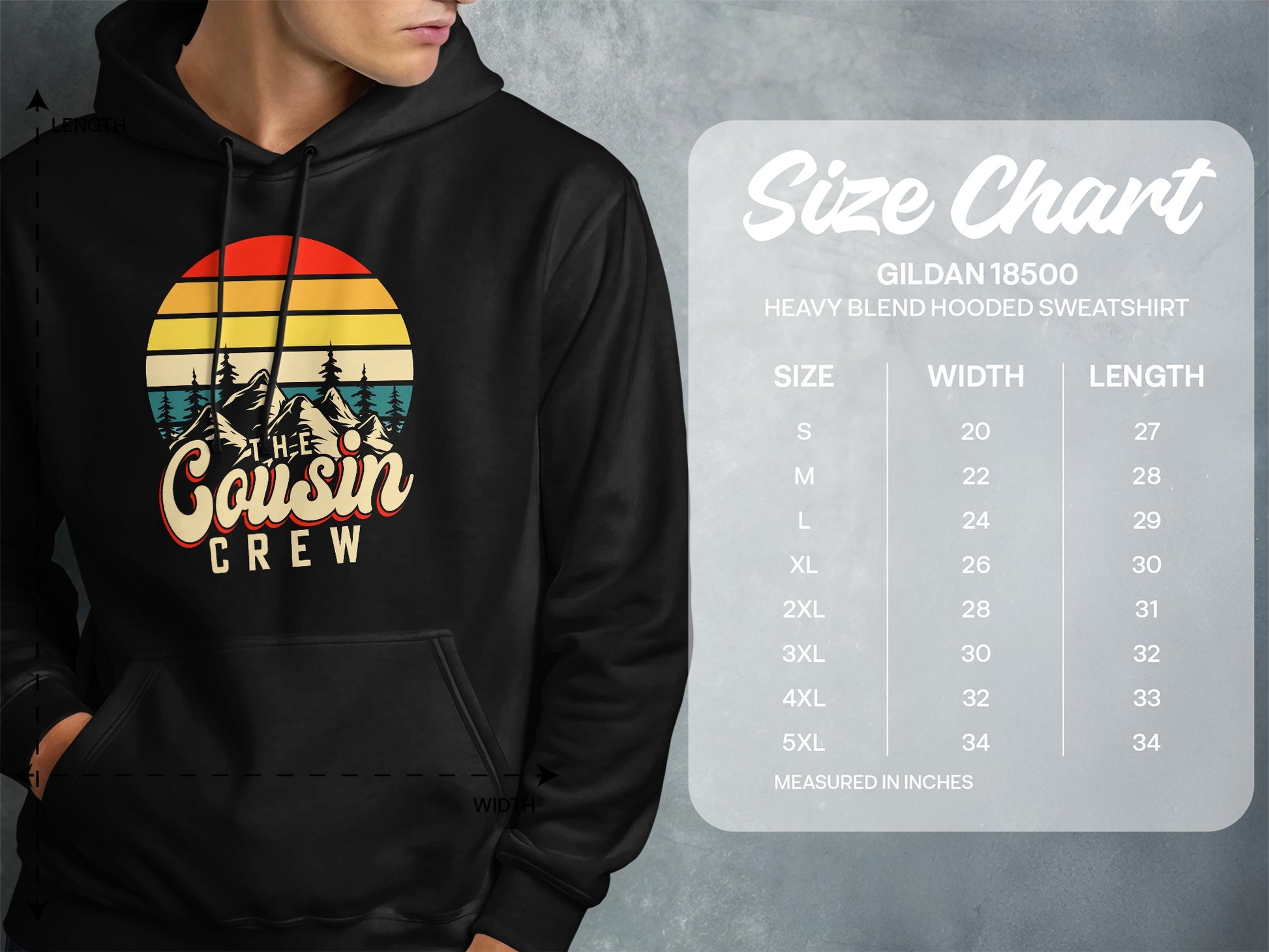 Hoodie with "The Cousin Crew" graphic and Gildan 18500 size chart.