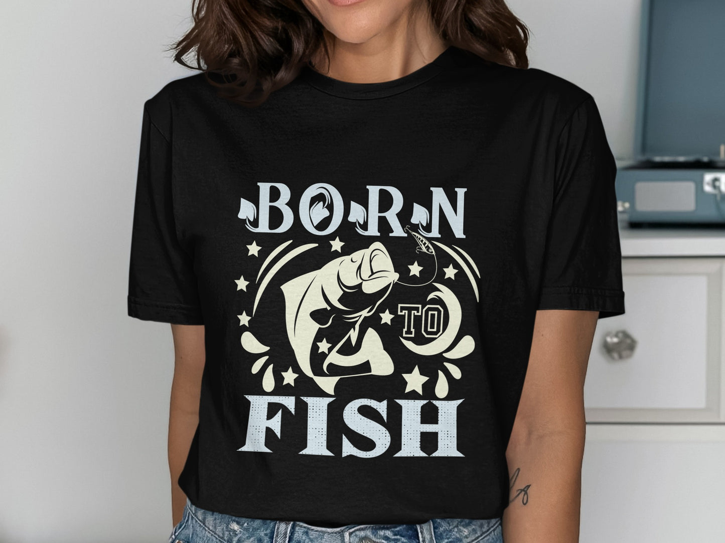 Black t-shirt with "Born to Fish" text and a fish graphic.