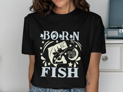 Black t-shirt with "Born to Fish" text and a fish graphic.