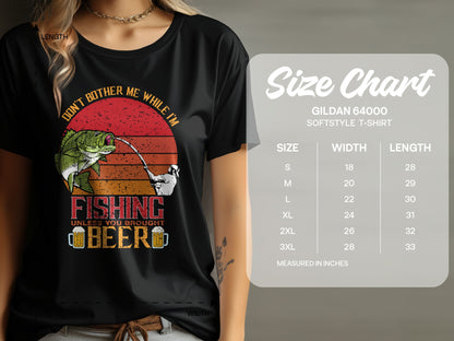 T-shirt with fishing and beer graphic, with size chart on the right.