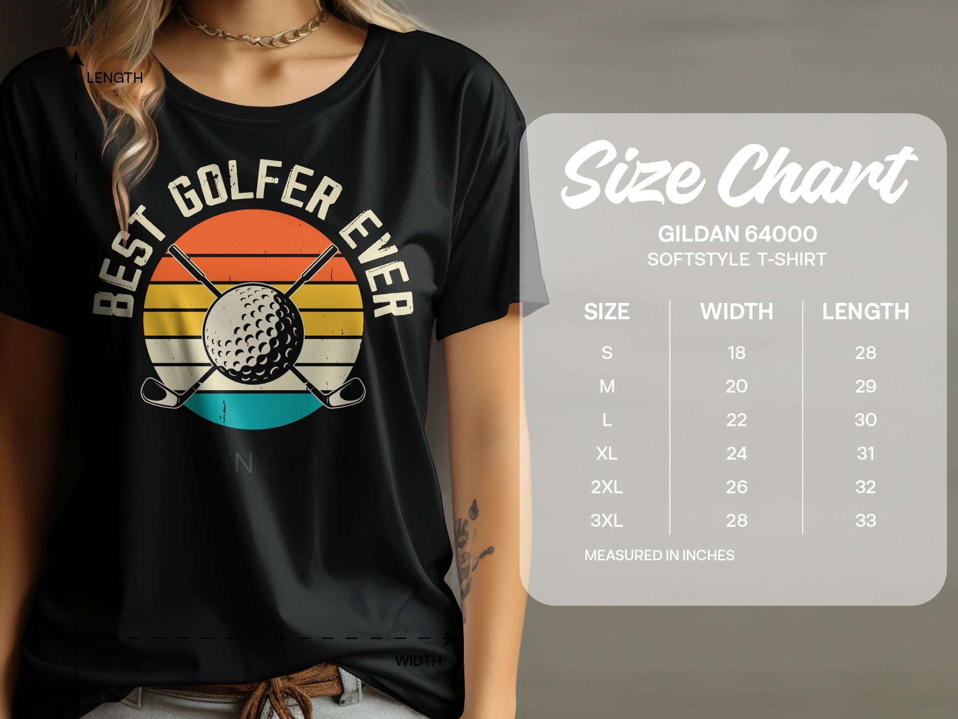 Black t-shirt with "Best Golfer Ever" text and golf imagery, next to a size chart.