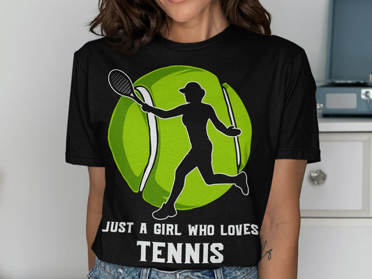Black t-shirt with white silhouette of a girl playing tennis and large green tennis ball.
