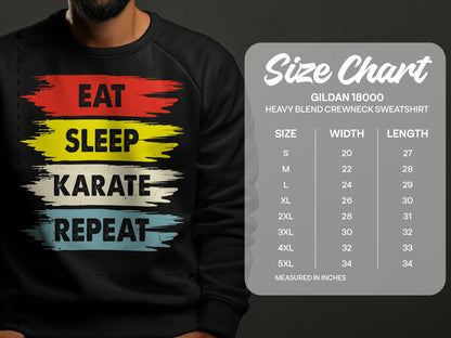 Gildan 18000 sweatshirt size chart with EAT SLEEP KARATE REPEAT design.