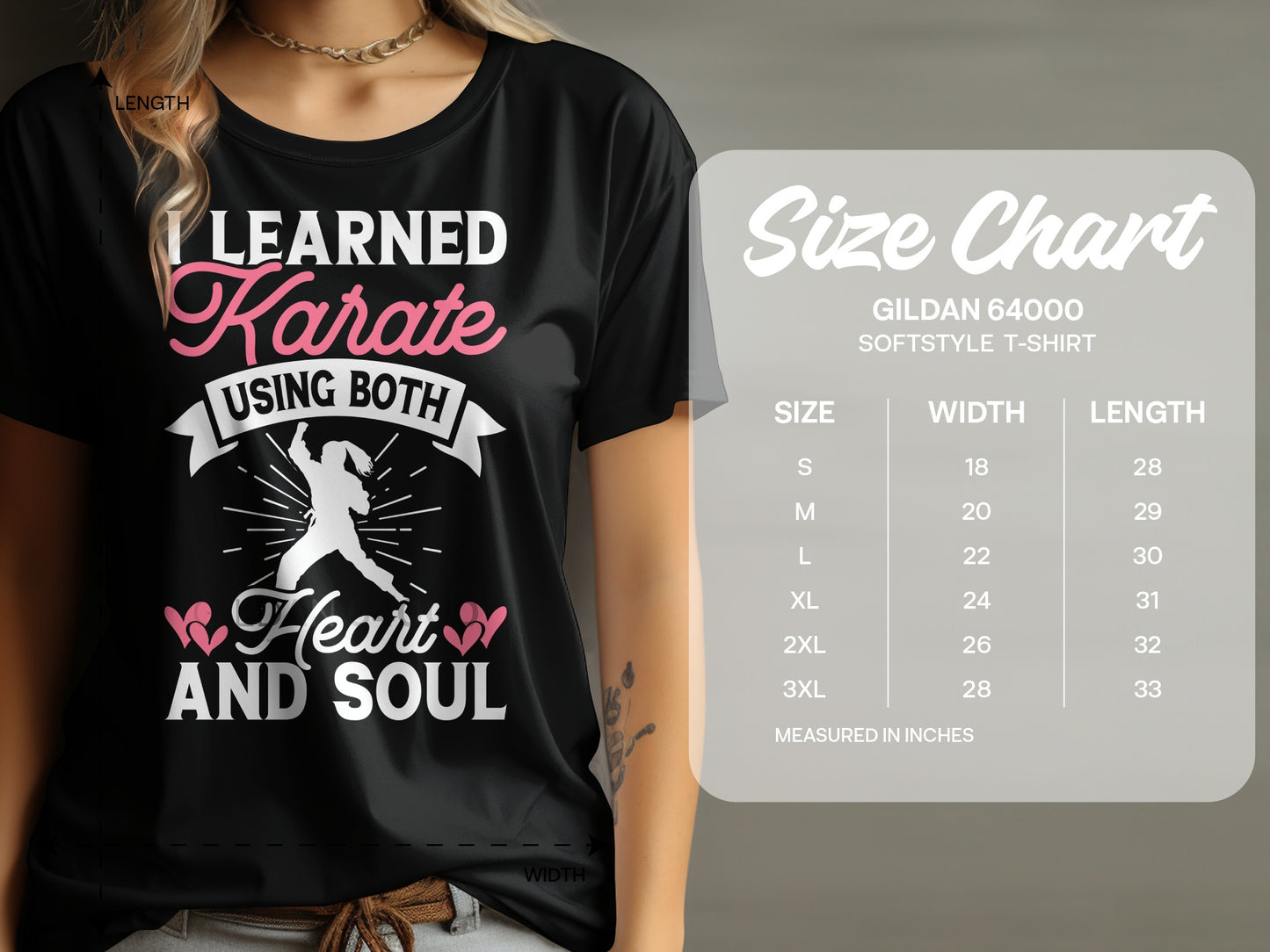Black t-shirt with "Learned Karate Using Both Heart And Soul" graphic and size chart.