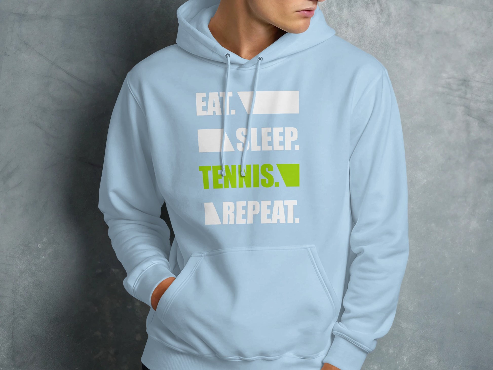Light blue hoodie with "Eat. Sleep. Tennis. Repeat." text.