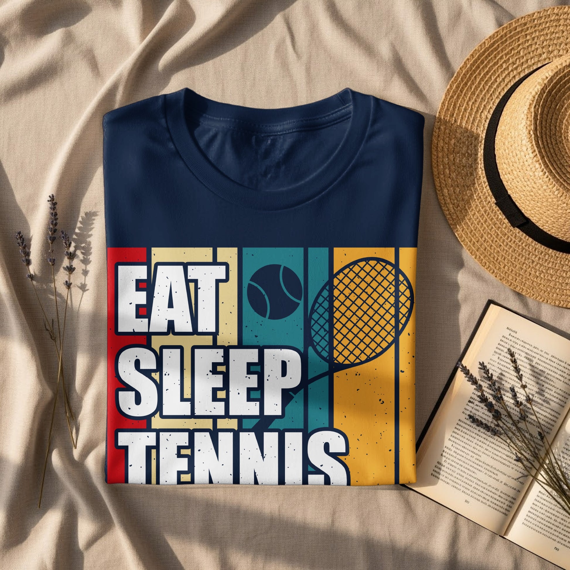 Navy t-shirt with "Eat Sleep Tennis" text and tennis racket graphic.