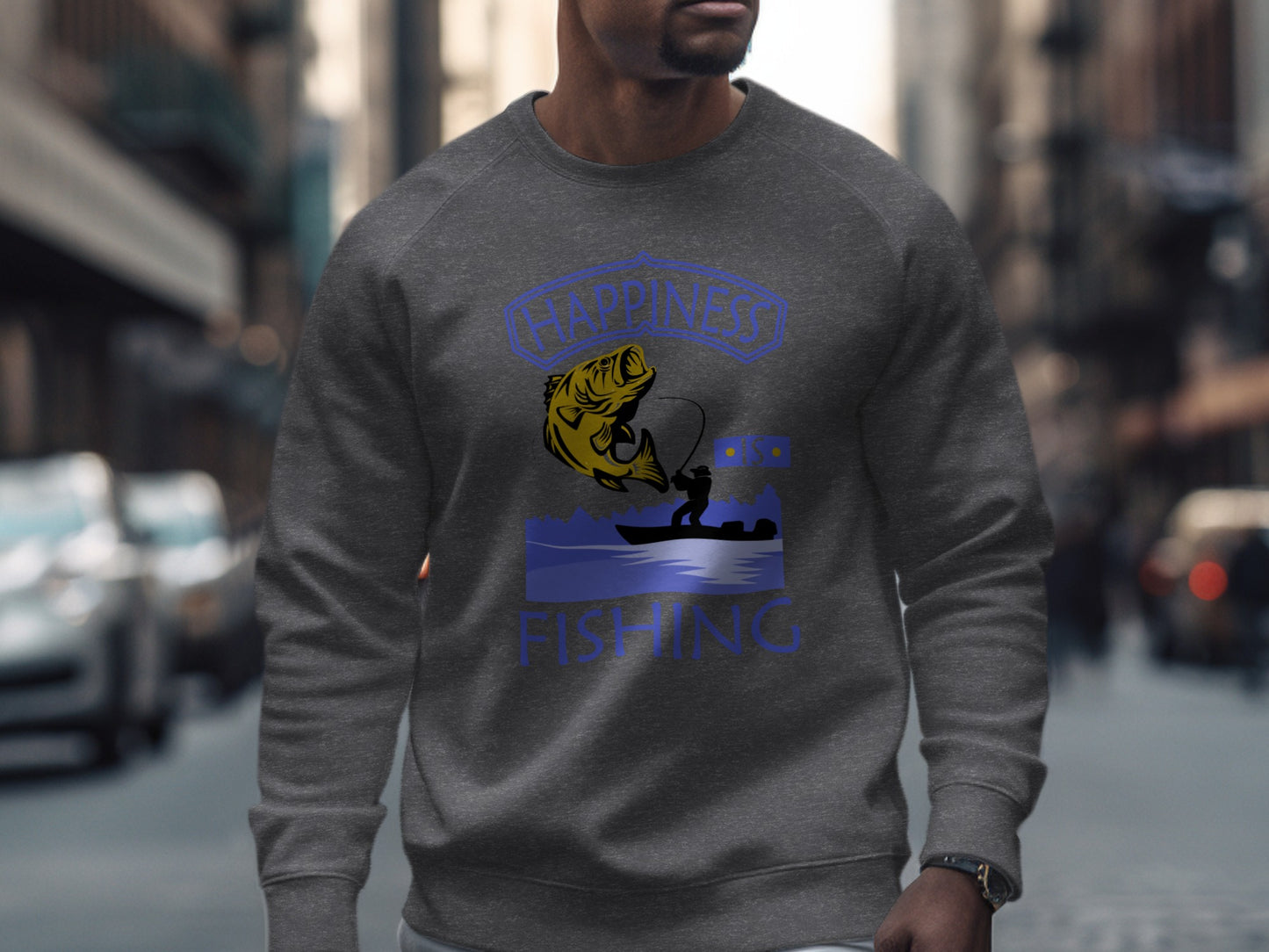 Gray sweatshirt with "Happiness Fishing" graphic featuring a jumping bass and angler.