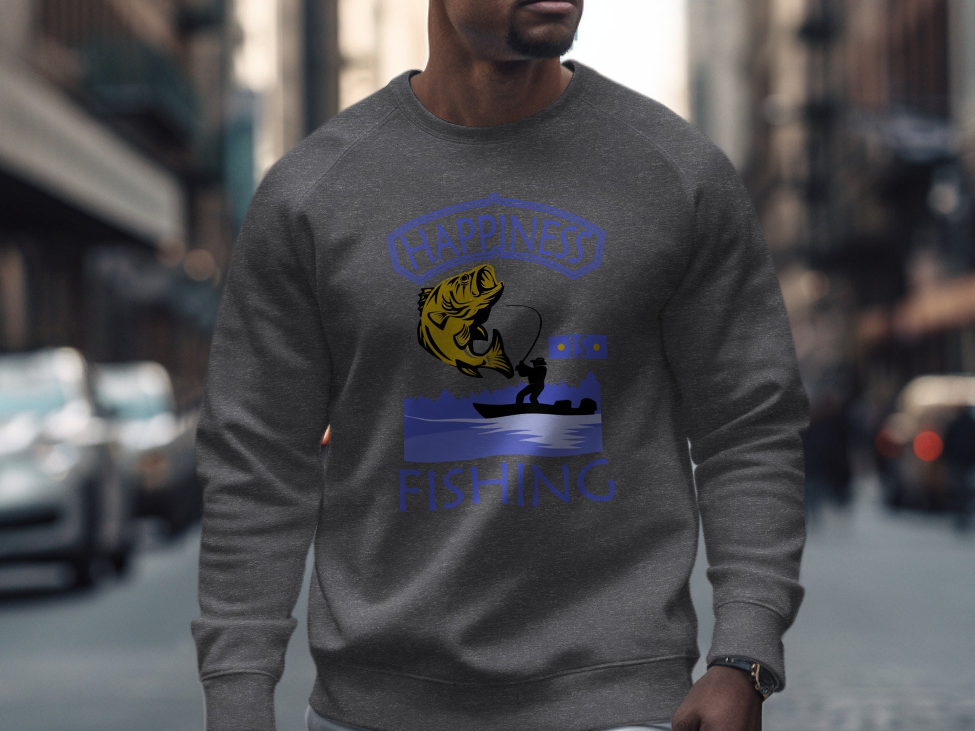 Gray sweatshirt with "Happiness Fishing" graphic featuring a jumping bass and angler.