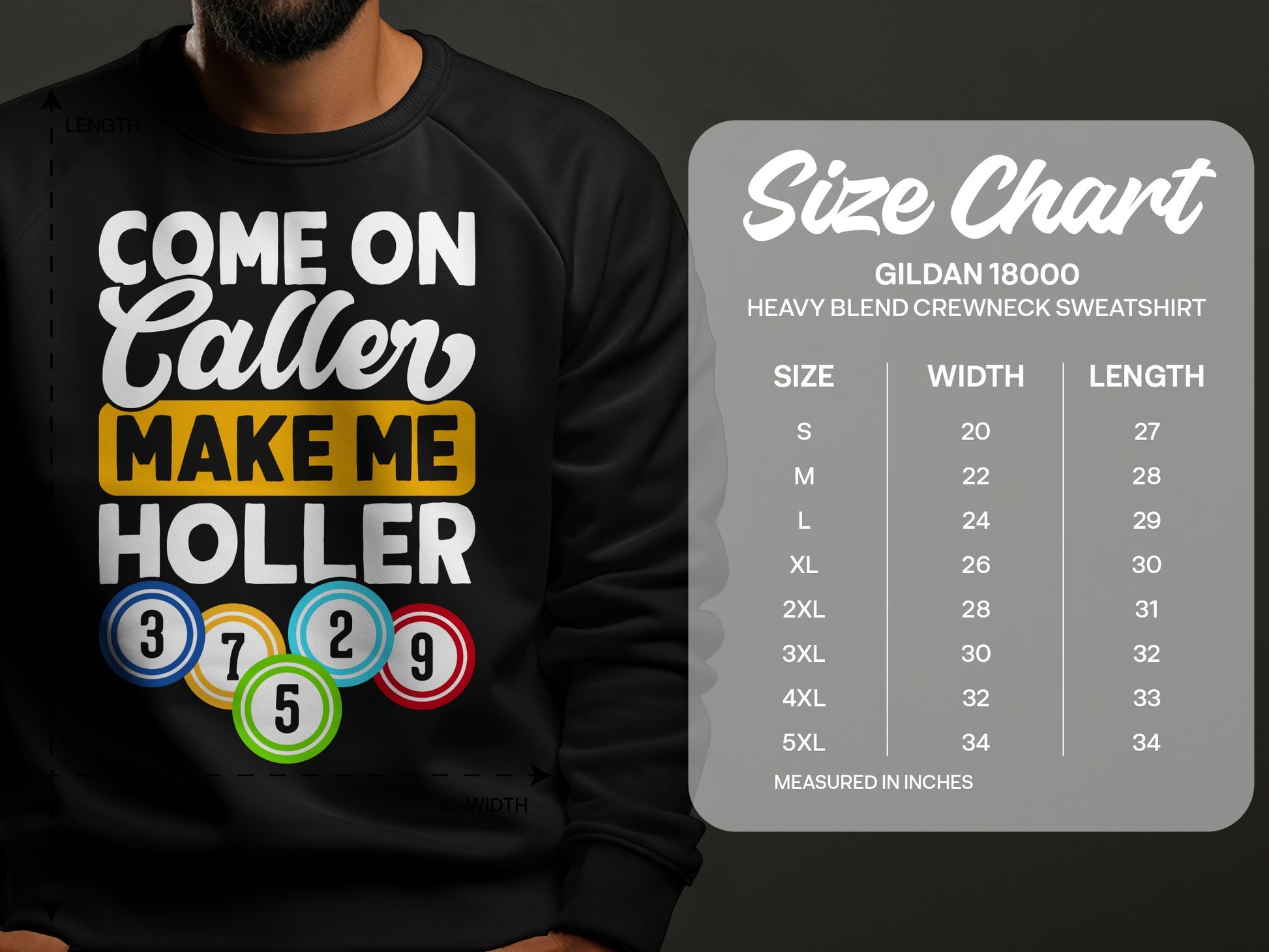 Black sweatshirt with "Come On Caller Make Me Holler" and bingo balls.