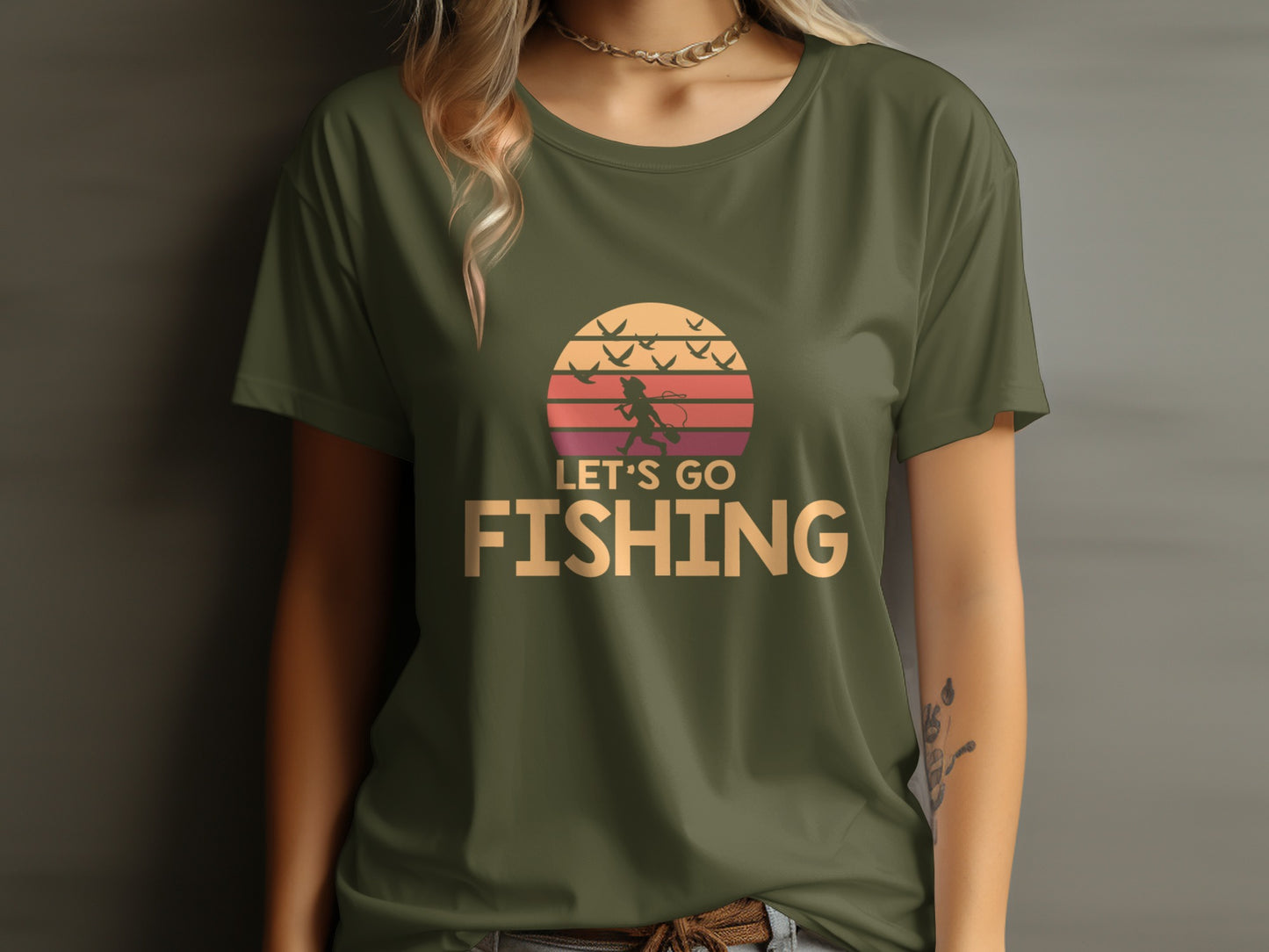 Olive green t-shirt with "Let's Go Fishing" text and fishing silhouette.