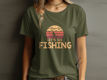 Olive green t-shirt with "Let's Go Fishing" text and fishing silhouette.