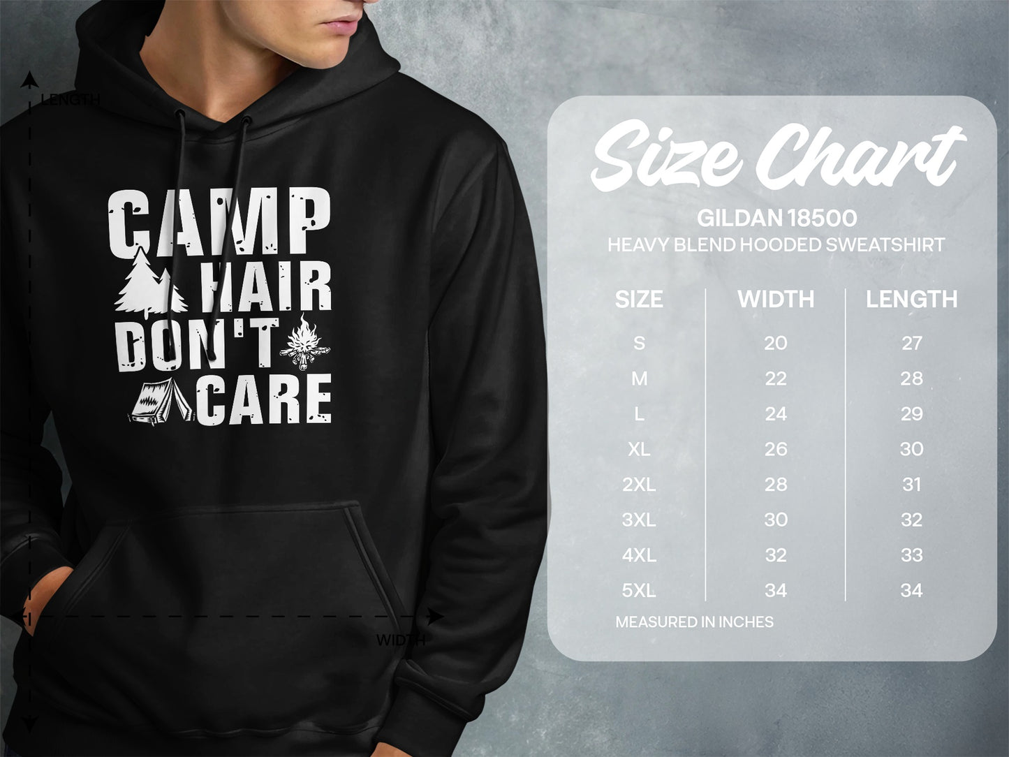 Hooded sweatshirt with "Camp Hair Don't Care" graphic and size chart.
