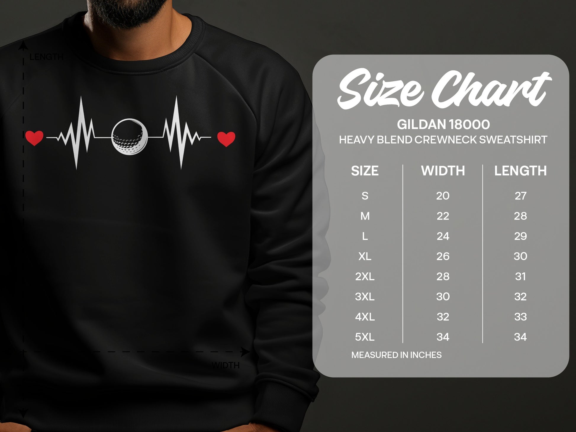 Gildan 18000 sweatshirt size chart with golf heartbeat graphic.