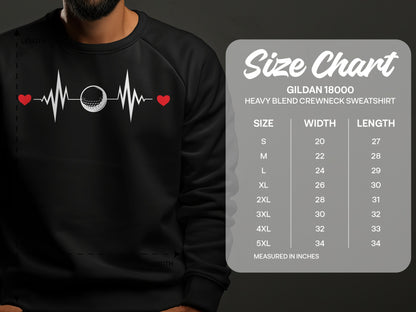 Gildan 18000 sweatshirt size chart with golf heartbeat graphic.