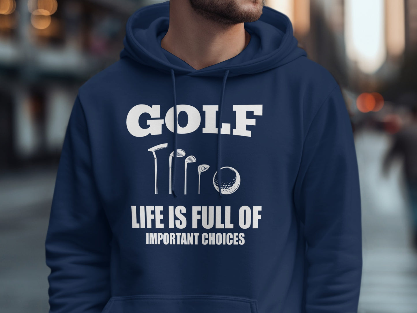 Navy hoodie with white text "GOLF LIFE IS FULL OF IMPORTANT CHOICES".