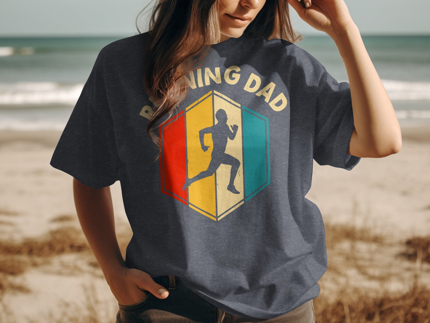Dark grey t-shirt with "RUNNING DAD" and a runner silhouette in a hexagon.