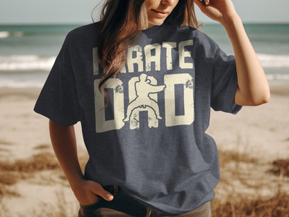 Dark t-shirt with distressed "Karate Dad" graphic featuring a martial artist silhouette.
